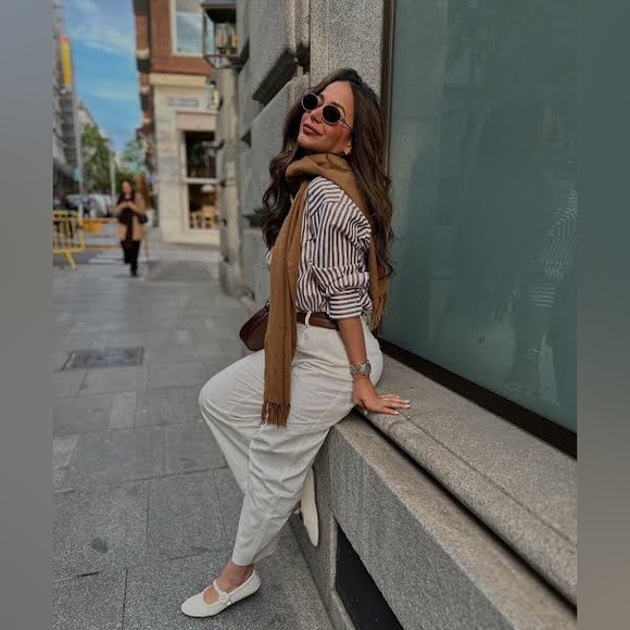 Zara White & Brown Striped Metallic Trim Button Up Cotton Blend Blouse - Picture 2 of 5